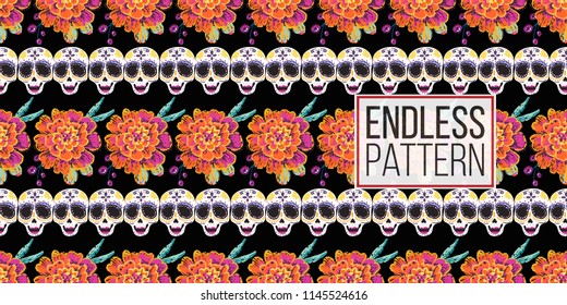 Mexican female sugar skull and marigold horizontal stripes garland seamless pattern. Traditional elements on dark repeatable background. Watercolor style illustration on black backdrop.