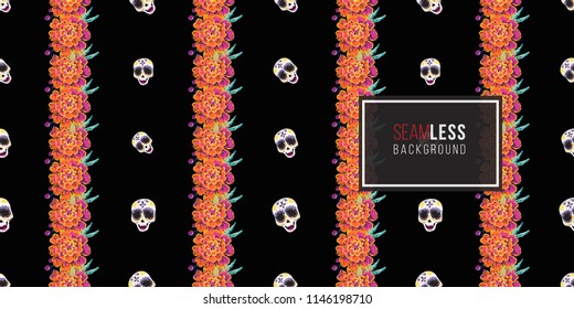 Mexican female sugar skull and marigold vertical stripes garland seamless pattern. Traditional elements on dark repeatable background. Watercolor style illustration on black backdrop.