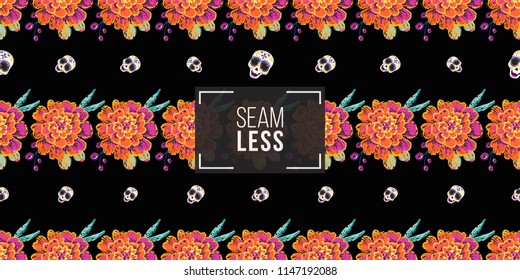 Mexican female sugar skull and marigold horizontal stripes garland seamless pattern. Traditional elements on dark repeatable background. Watercolor style illustration on black backdrop.