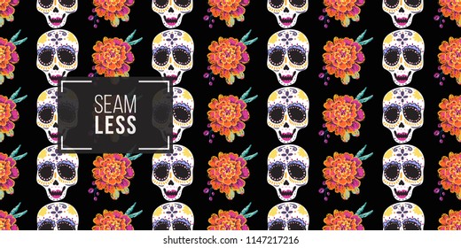 Mexican female sugar skull and marigold seamless pattern. Traditional elements on dark repeatable background. Watercolor style illustration on black backdrop.