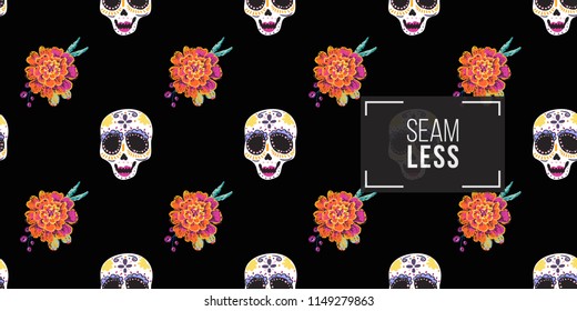 Mexican female sugar skull and marigold seamless pattern. Traditional elements on dark repeatable background. Watercolor style illustration on black backdrop.