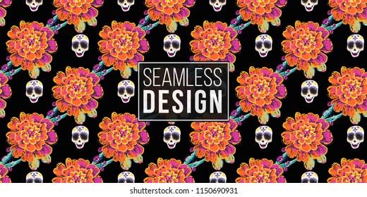 Mexican female sugar skull and marigold seamless pattern. Traditional elements on dark repeatable background. Watercolor style illustration on black backdrop.