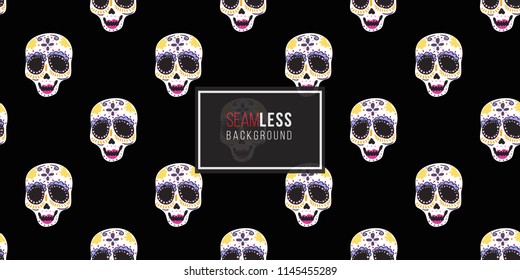 Mexican female sugar skull seamless pattern. Traditional elements on dark repeatable background. Watercolor style illustration on black backdrop.