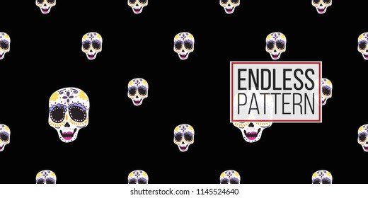 Mexican female sugar skull seamless pattern. Traditional elements on dark repeatable background. Watercolor style illustration on black backdrop.