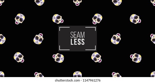 Mexican female sugar skull seamless pattern. Traditional elements on dark repeatable background. Watercolor style illustration on black backdrop.