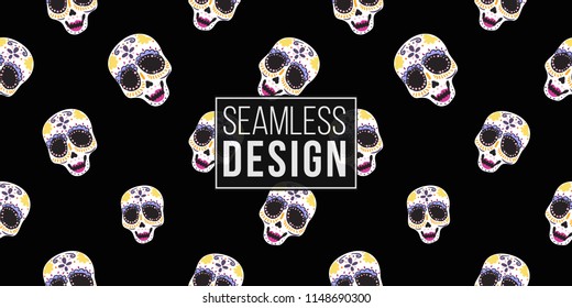Mexican female sugar skull seamless pattern. Traditional elements on dark repeatable background. Watercolor style illustration on black backdrop.