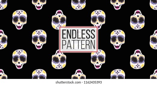 Mexican female sugar skull seamless pattern. Traditional elements on dark repeatable background. Watercolor style illustration on black backdrop.