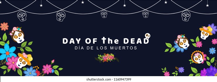 Mexican festival Day Of The Dead header or banner design decorated with colorful flower and sugar skulls for celebration concept.