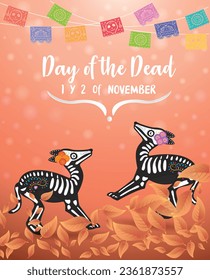 Mexican festival Day of the Dead. Traditional Halloween Mexicano. Mexican dog with bones. Illustration of xoloitzcuintle skull and skeleton decorated with colorful Mexican elements and flowers.