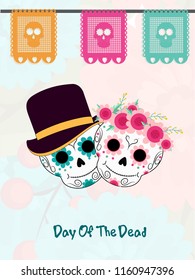 Mexican festival Day Of The Death celebration greeting card design with illustration of sugar skulls on floral background decorated with colorful party flag.