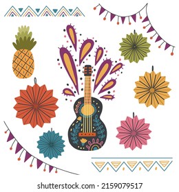 Mexican festival decorations set paper origami circles guitar ornament garland flags hand drawn doodle naive design vector art clipart illustration