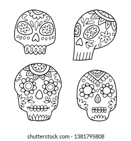 Mexican festival Dia de los Muertos outline skull illustration. Perfect for coloring book or page for kids and adults. Set, collection of four.