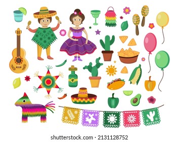 Mexican Festival Elements, Cinco De Mayo Cute Characters, Fiesta Clip Art Illustrations.