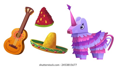 Mexican festival or holiday traditional elements - paper donkey and watermelon pinata, sombrero hat and guitar. Cartoon vector illustration set of fiesta, birthday party and cinco de mayo accessory.