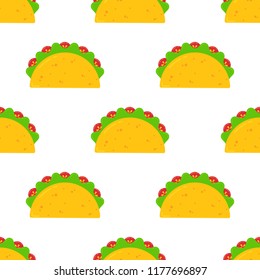 Mexican festival taco fastfood seamless pattern. Delicious fresh yellow tacos with beef and chicken, green salad and red tomato on white background for cafe, restaurant or food truck decoration design