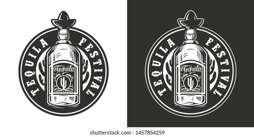 Mexican festival vintage round label with tequila bottle in monochrome style isolated vector illustration