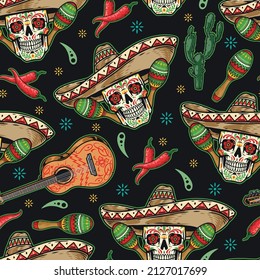 Mexican festival vintage seamless pattern with sugar skull with flowers instead of eyes in sombrero, guitar, cactus, maracas, hot chili pepper and small decorative ornaments, vector illustration
