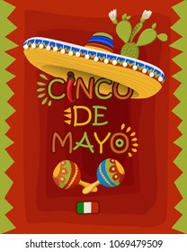 Mexican Festive Card. Design for Mexican holiday 5 may Cinco De Mayo. Vector template with traditional Mexican symbols. Festive greeting card