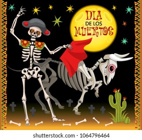 Mexican Festive Card. Mexican National Holiday card. Dia de los muertos is Day of the Dead. Mexican skeleton.Vector template with traditional Mexican simbols