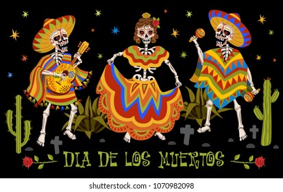 Mexican Festive Card. Mexican National Holiday card. Dia de los muertos is Day of the Dead in Spanish. Mexican skeletons illustration