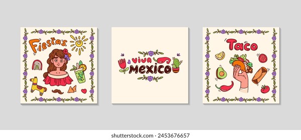 Mexican festive cards for Social media. Square greeting post set. Background for sale, promotions, visual design. Celebration text templates for invitations. Vector doodle illustration.