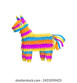 Mexican festive, donkey pinata, vector colorful party item, crafted from papier-mache, awaits celebration. Its vibrant hues and whimsical design promise joy and surprises, concealing treats for kids