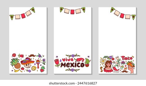 Mexican festive frame for Social media. long greeting stories post set. Background for sale, promotions, visual design. Celebration vertical text templates for photos and videos. Vector illustration.