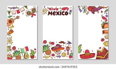 Mexican festive frame for Social media. long greeting stories post set. Background for sale, promotions, visual design. Celebration vertical text templates for photos and videos. Vector illustration.