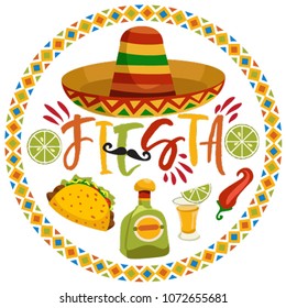 Mexican Festive greeting Card. Cinco De Mayo Mexican card design. Design for Mexican holiday 5 may Cinco De Mayo. Vector template with traditional Mexican symbols