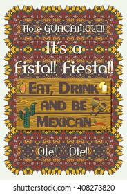 Mexican festive poster template with ornate ethnic ornament background. Vector illustration. Traditional Mexican symbols, national elements - chili pepper, shot drink tequila, taco, maracas, cactus 