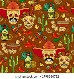 Mexican Festive seamless pattern. Skull, tequila, maracas, cactus, chili pepper. Vector latin american background in cartoon flat style. Mexican holiday "Day of the Dead", "Dia de los Muertos".