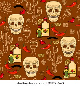 Mexican Festive seamless pattern. Skull, tequila, maracas, cactus, chili pepper. Vector latin american background in cartoon flat style. Mexican holiday "Day of the Dead", "Dia de los Muertos". Viva