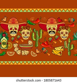 Mexican Festive seamless striped pattern. Ethnic and tribal motifs. Skull, tequila, maracas, cactus, chili pepper. Vector latin american background. Mexican holiday Day of the Dead, Dia de los Muertos