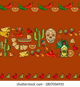 Mexican Festive seamless striped pattern. Ethnic and tribal motifs. Skull, tequila, maracas, cactus, chili pepper. Vector latin american background. Mexican holiday Day of the Dead, Dia de los Muertos