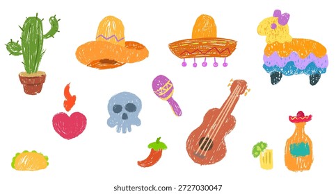 Mexican festive traditional elements in hand drawn cartoon doodle style made from pencil, marker or chalk crayon. Scribble vector illustration background for holiday children book, card, banner.