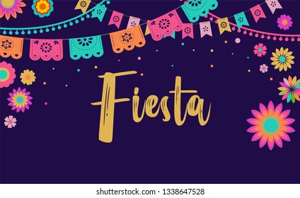 Mexican Fiesta banner and poster design with flags, flowers, decorations