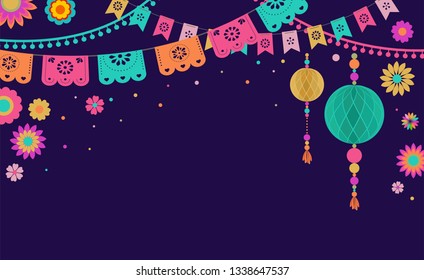 Mexican Fiesta banner and poster design with flags, flowers, decorations