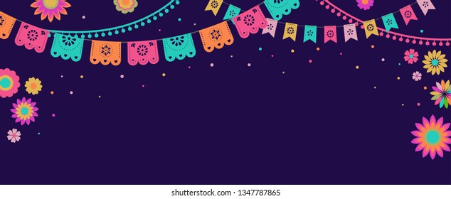 Mexican Fiesta banner and poster design with flags, flowers, decorations