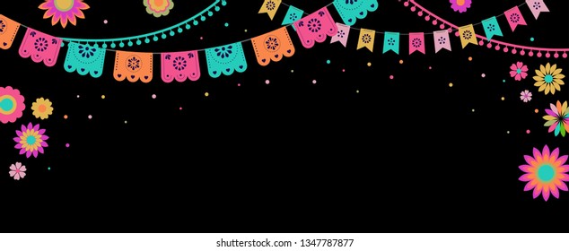 Mexican Fiesta Banner And Poster Design With Flags, Flowers, Decorations