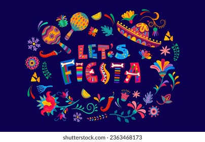 Mexican fiesta banner with sombrero, maracas and flowers for Mexico festival, vector background. Mexican holiday celebration poster with sombrero, chili pepper and bone lettering in flowers frame