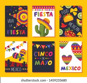 Mexican fiesta card set, festival decoration and design. Vector flat style cartoon mexican holiday illustration isolated on yellow background