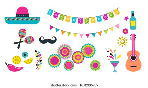 Mexican fiesta, Cinco de Mayo, birthday designs, elements and icons