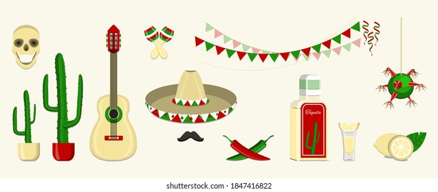 Mexican Fiesta, Cinco de Mayo. Vector template with traditional mexican symbols.