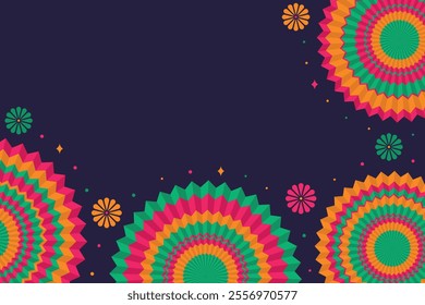  Mexican fiesta, Cinco de Mayo. Abstract background, banner, wallpaper with copy space. Vector illustration with round paper fans, flowers and confetti on a blue background.