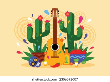 Mexikanische Fiesta - Komposition mit Gitarre, Tequila, Carnegie Cactus, Jalapeno Pfeffer, Zuckerschädel und dekorativen Elementen. Festliche, lebendige Illustration im minimalistischen zeitgenössischen Stil.