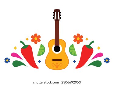 Mexican fiesta concept. Composition with guitar, flowers, jalapeno pepper, lime and decorative elements. Festive vivid illustration in minimalist contemporary style.