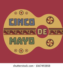 Mexican Fiesta holiday Cinco de Mayo. Greeting text. Guitar silhuette. Decorative old indian sings pattern. Festival celebration traditional symbol of Mexico. Vector element template banner background