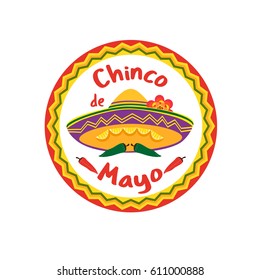 Mexican Fiesta holiday Cinco de Mayo. Freehand drawn fancy cartoon style. Decorative round frame badge. Festival celebration traditional symbols of Mexico. Vector element template banner background