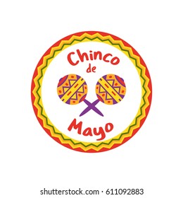 Mexican Fiesta holiday Cinco de Mayo. Freehand drawn fancy cartoon style. Decorative round frame badge. Festival celebration traditional symbols of Mexico. Vector element template banner background