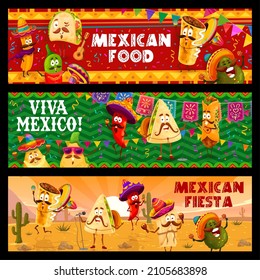Mexican Fiesta And Holiday Party, Cartoon Mexican Tacos And Burrito, Churros And Jalapeno, Nachos And Avocado Characters. Vector Banners With Tex Mex Fast Food Snacks In Sombrero And Poncho On Desert